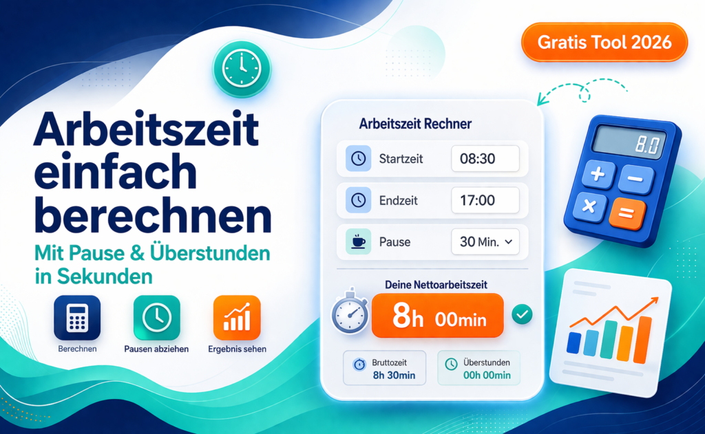 Arbeitszeit Rechner mit Pause 2026 – Arbeitsstunden einfach berechnen